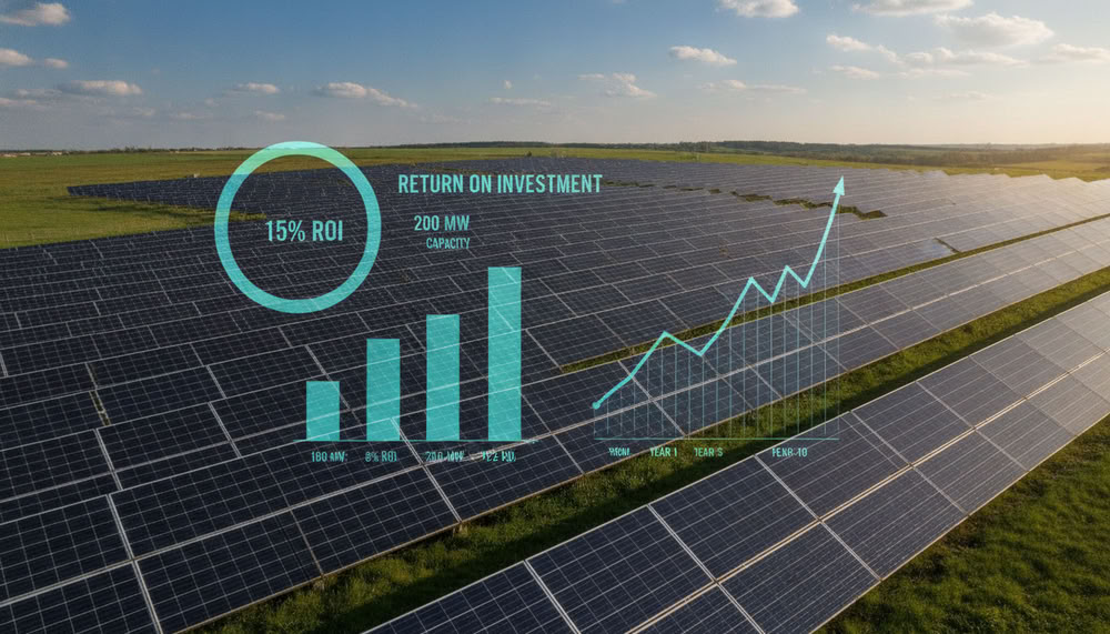 A detailed, photorealistic illustration of a solar power station showcasing its return on investment based on different power outputs. In the foreground, display a modern solar panel array with crisp, reflective surfaces under bright, natural sunlight. In the middle ground, include graphical overlays of charts or graphs, subtly integrated, indicating ROI percentages related to varying station capacities. The background should feature a clear blue sky with a few drifting clouds and rolling hills, enhancing the serene atmosphere. The image should be well-lit to emphasize the quality of the solar panels while capturing the professional tone of the subject. The overall composition should convey a sense of optimism and innovation in renewable energy investment, suitable for an informative article context.