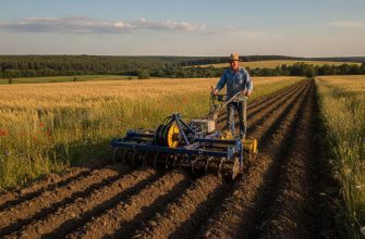 A rural agricultural scene showcasing soil cultivation equipment in action on a Ukrainian farm. In the foreground, a modern, robust cultivator is actively tilling rich, dark soil, with detailed mechanical parts visible. The middle ground features a farmer in modest casual clothing, attentively guiding the machinery, surrounded by lush green fields dotted with golden grain and wildflowers. The background presents a clear blue sky with soft, fluffy clouds and distant rolling hills, signifying a productive day on the farm. The lighting is warm and natural, giving a sense of early morning or late afternoon. The overall mood is industrious and serene, depicting the essential role of farming equipment in small-scale agriculture. Photorealistic style with accurate details and natural colors.