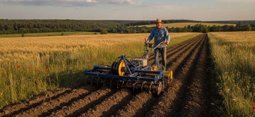 A rural agricultural scene showcasing soil cultivation equipment in action on a Ukrainian farm. In the foreground, a modern, robust cultivator is actively tilling rich, dark soil, with detailed mechanical parts visible. The middle ground features a farmer in modest casual clothing, attentively guiding the machinery, surrounded by lush green fields dotted with golden grain and wildflowers. The background presents a clear blue sky with soft, fluffy clouds and distant rolling hills, signifying a productive day on the farm. The lighting is warm and natural, giving a sense of early morning or late afternoon. The overall mood is industrious and serene, depicting the essential role of farming equipment in small-scale agriculture. Photorealistic style with accurate details and natural colors.