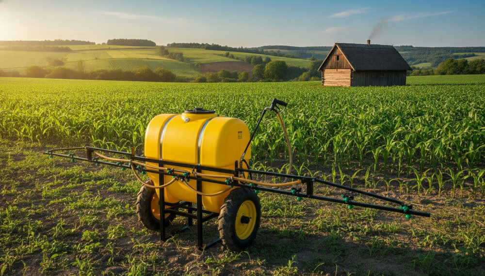 A compact agricultural sprayer designed for small-scale farming, prominently displayed in the foreground. The sprayer should have a bright yellow tank, green nozzles, and sturdy wheels, showcasing its functionality. In the middle ground, a lush field of crops, such as corn or soybeans, stretches out under a clear blue sky. The background features a classic Ukrainian landscape with rolling hills and a traditional wooden barn, emphasizing the rural setting. The lighting is warm, simulating early morning sun, casting soft shadows and highlighting the details of the sprayer and crops. The overall atmosphere is vibrant and industrious, capturing the essence of small-scale agriculture in Ukraine.