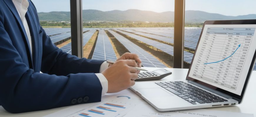 A detailed and photorealistic image depicting the financial analysis of a solar power plant’s return on investment. In the foreground, illustrate a professional business person, dressed in business attire, analyzing spreadsheets and graphs on a laptop with a calculator beside them. In the middle ground, include a large solar panel installation bathed in natural sunlight, showcasing rows of solar panels with a clear blue sky above. The background features a rolling landscape with green hills, symbolizing sustainability. Use soft, natural lighting to create a professional and positive atmosphere. Ensure the focus on the analysis process, with close-up details of graphs indicating cost-efficiency, donning a typical business environment that conveys a sense of diligence and seriousness toward investment in renewable energy.